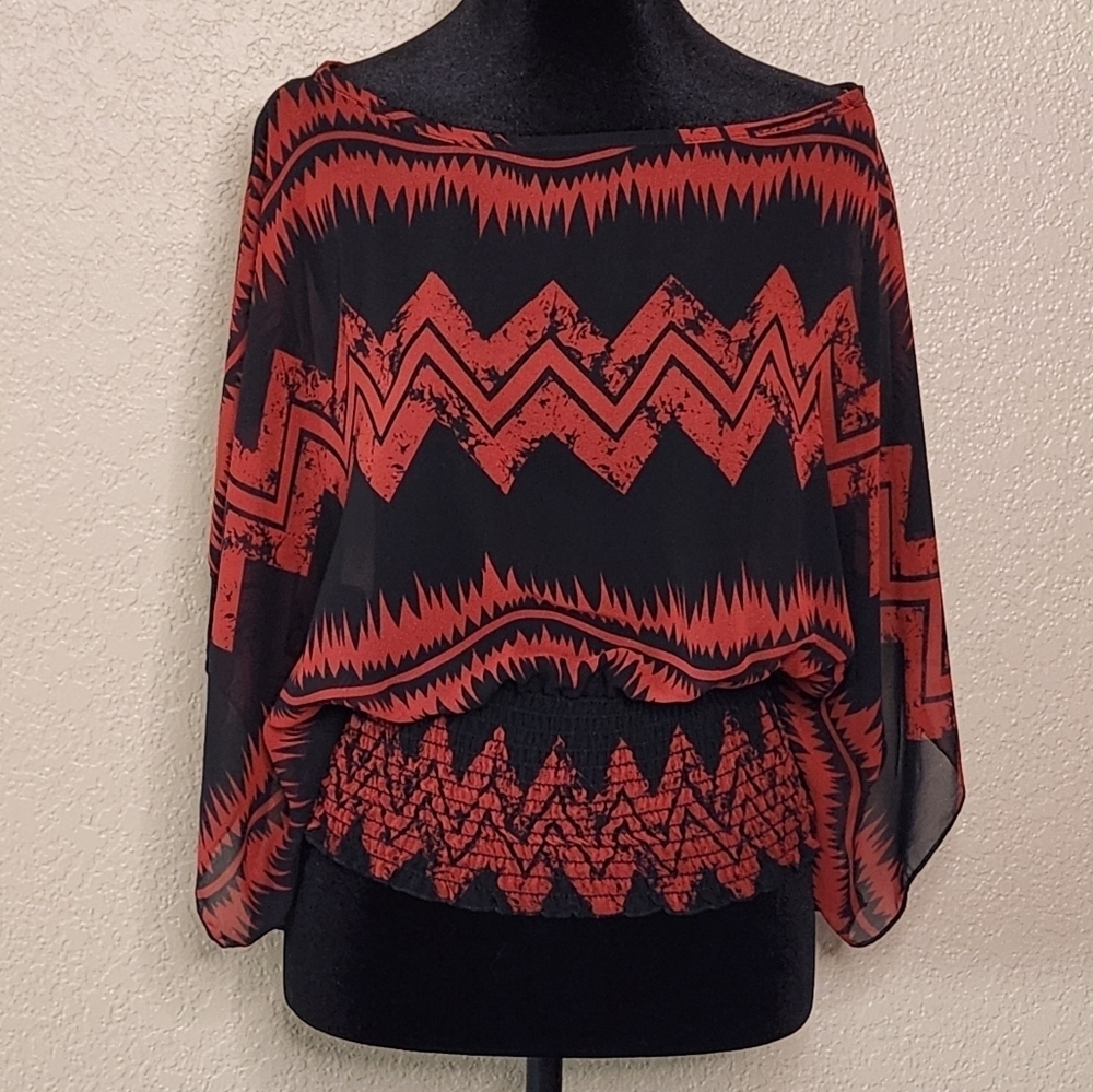 Vivace Blouse Womens M Black and Red Semi Sheer Batwing Sleeve